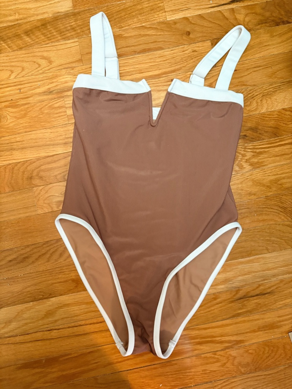 Ribbed Brown One-Piece Swimsuit with White Trim